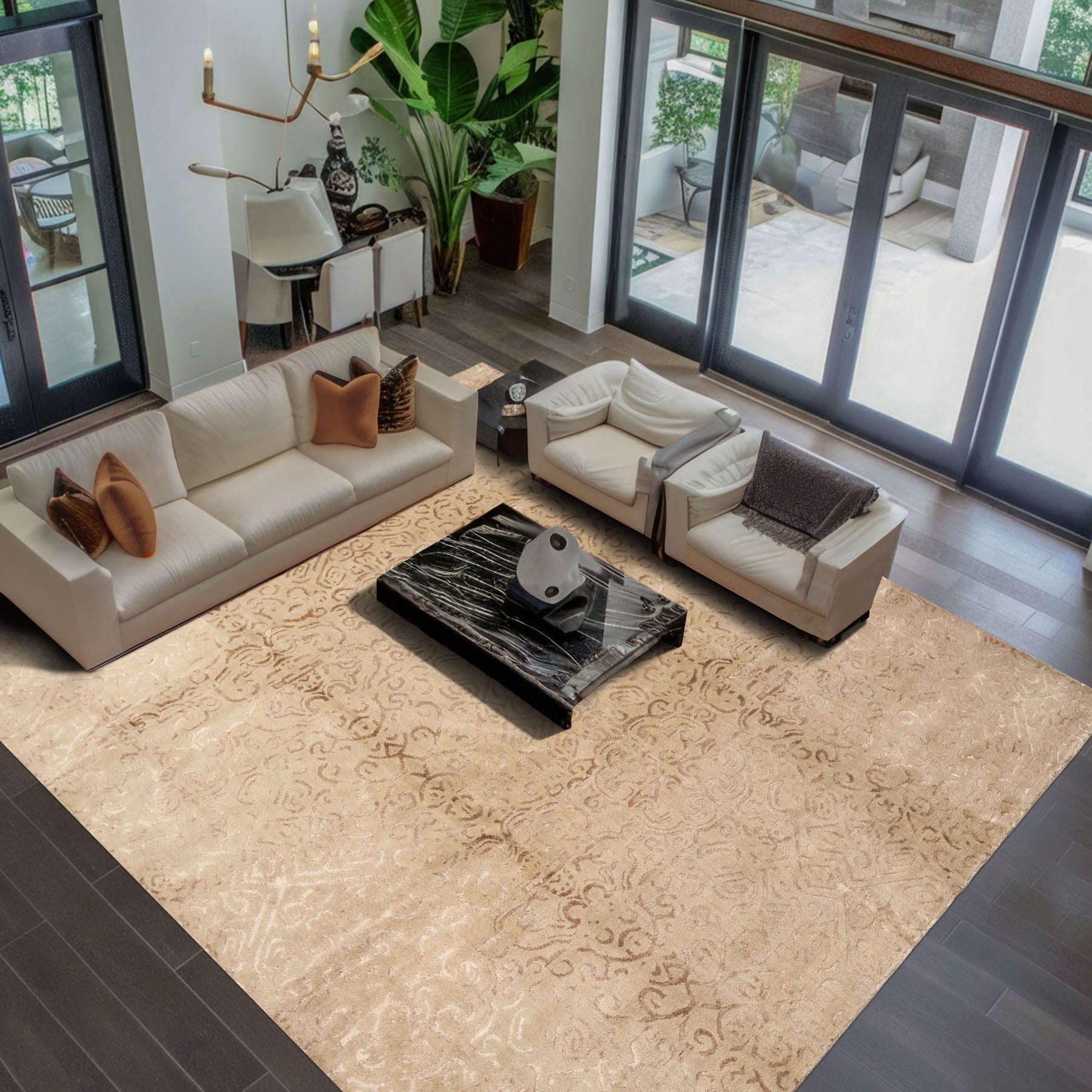 8x10 Beige, Tan, Color Hand Knotted Tibetan Wool & Bamboo Silk Transitional Oriental Rug