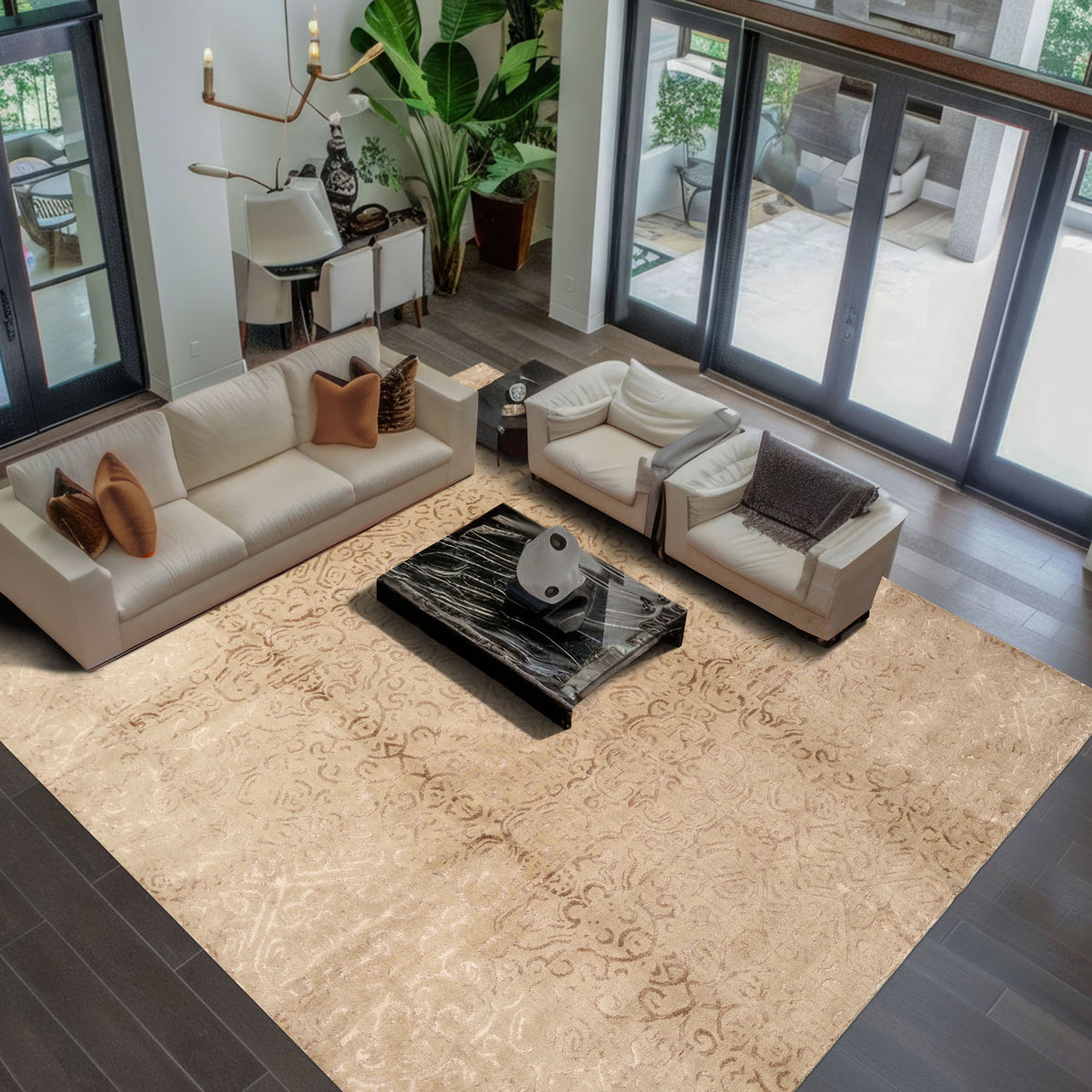 8x10 Beige, Tan, Color Hand Knotted Tibetan Wool & Bamboo Silk Transitional Oriental Rug