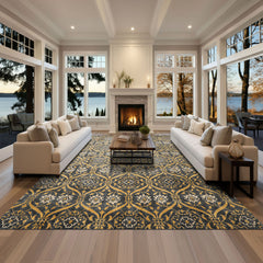 Multi Size Slate Blue Gold Color Hand Knotted Tibetan Wool Traditional Oriental Rug