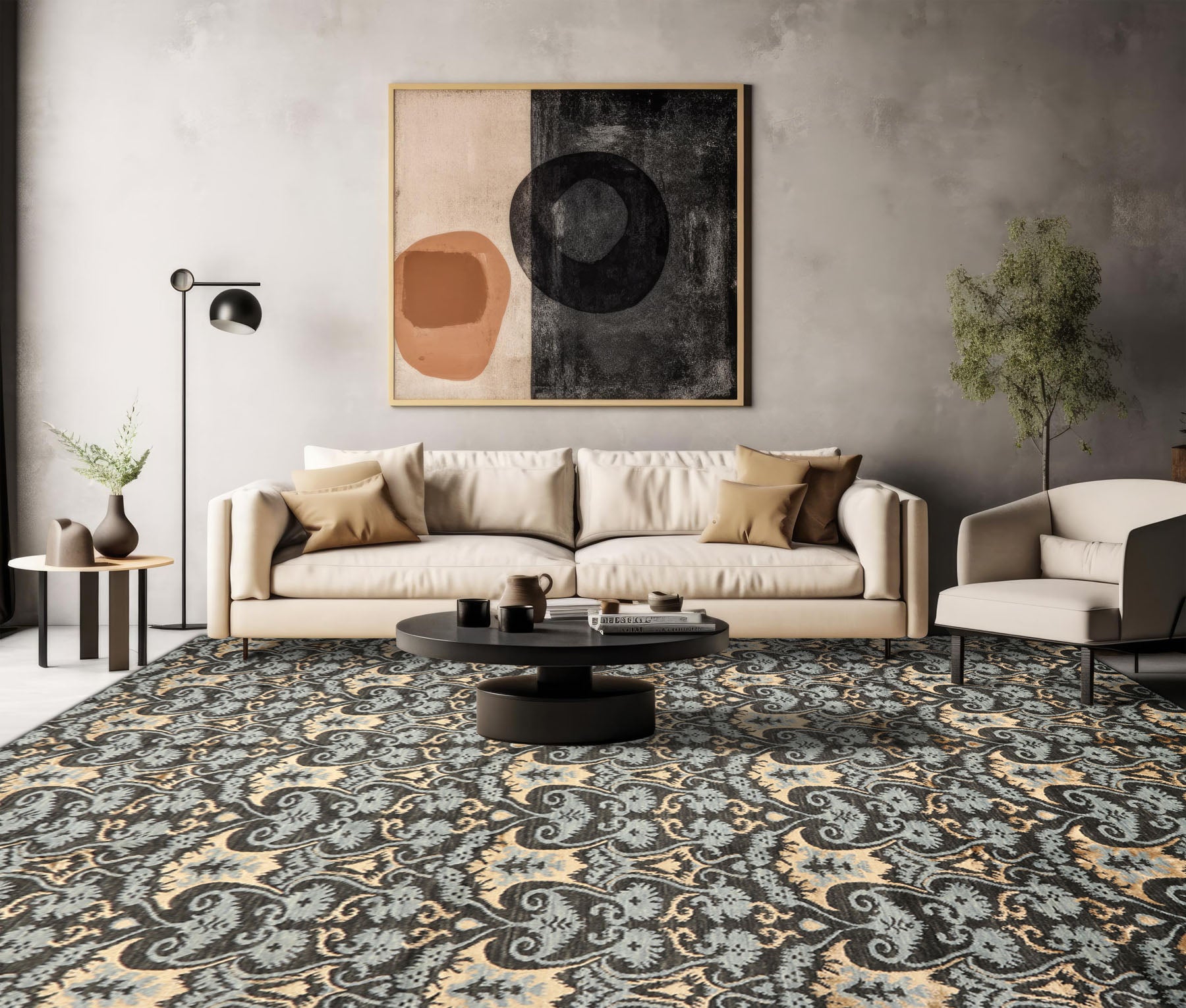9x12 Charcoal, Blue, Caramel Color Hand Loomed Tibetan Wool & Bamboo Silk Transitional Oriental Rug