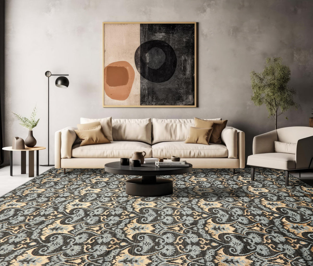 9x12 Charcoal, Blue, Caramel Color Hand Loomed Tibetan Wool & Bamboo Silk Transitional Oriental Rug