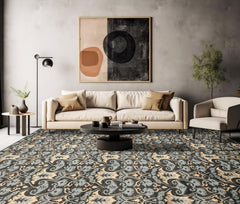 9x12 Charcoal, Blue, Caramel Color Hand Loomed Tibetan Wool & Bamboo Silk Transitional Oriental Rug