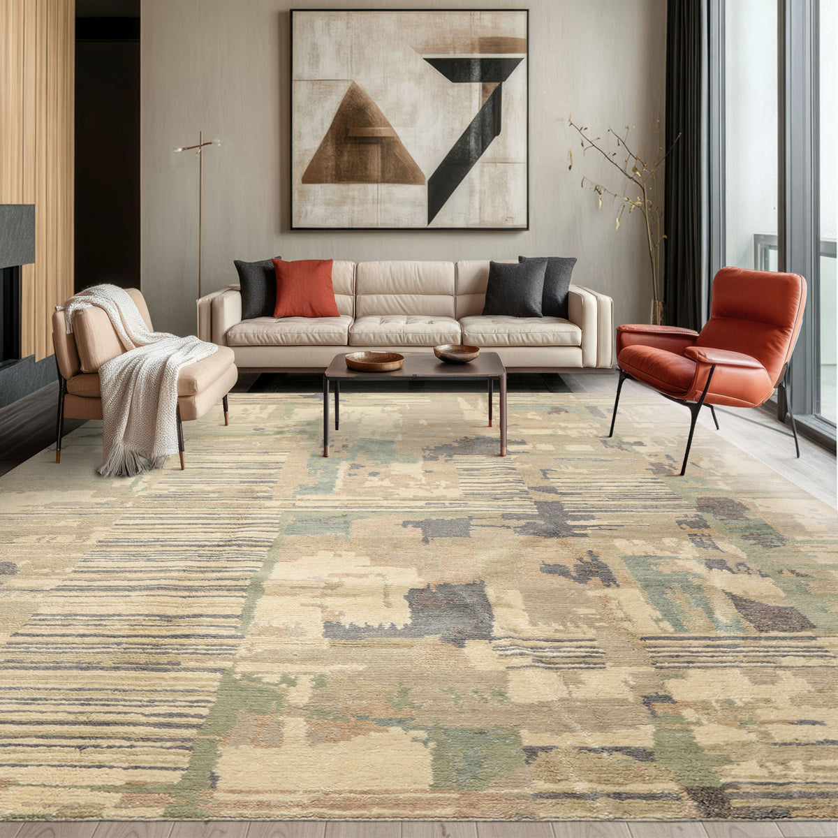 8x10 Beige, Sage, Gray Color Hand Knotted Tibetan Wool Modern & Contemporary Oriental Rug