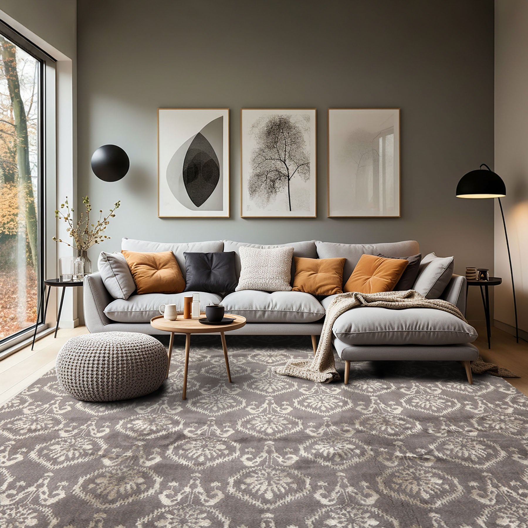 8x10 Graphite, Silver, Gray Color Hand Loomed Tibetan Wool & Bamboo Silk Transitional Oriental Rug