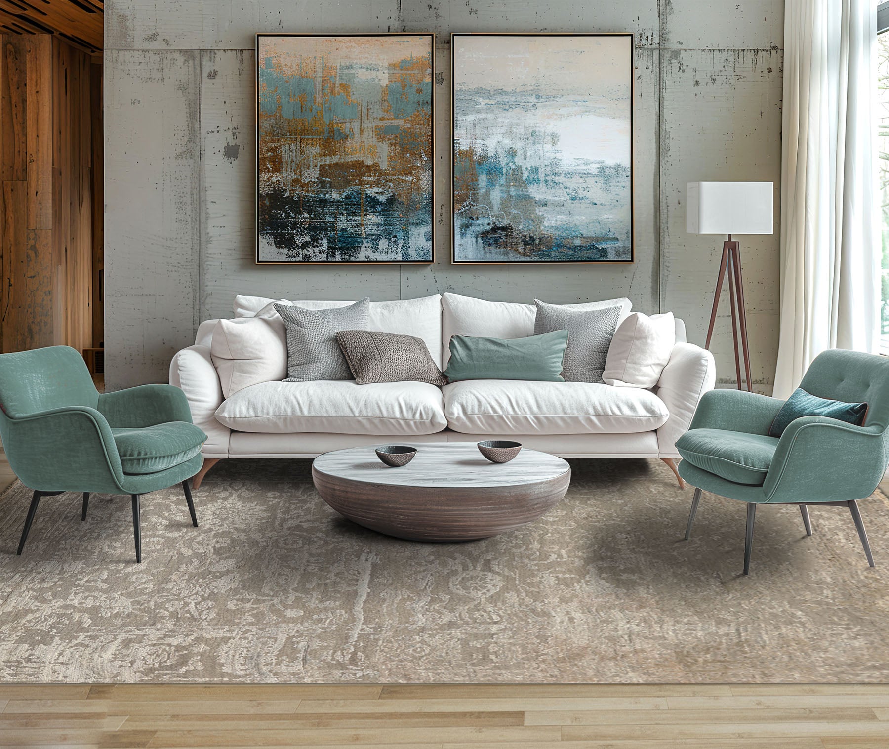 6x9 Tone on Tone Gray, , Color Hand Knotted Oushak Wool & Bamboo Silk Transitional Oriental Rug