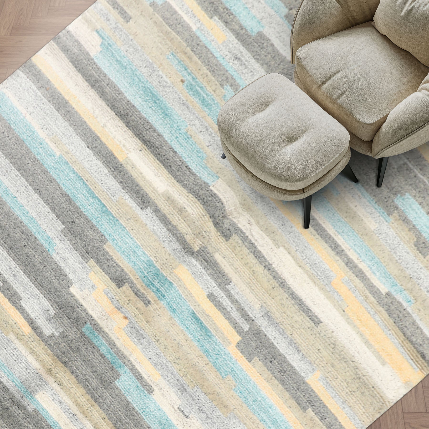 4x6 Aqua, Gray, Silver Color Hand Knotted Tibetan Wool & Bamboo Silk Modern & Contemporary Oriental Rug