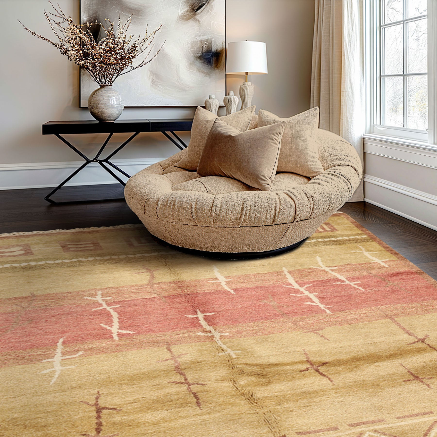 5x8 Moss, Rose, Brown Color Hand Knotted Tibetan New Zealand Wool Modern & Contemporary Oriental Rug
