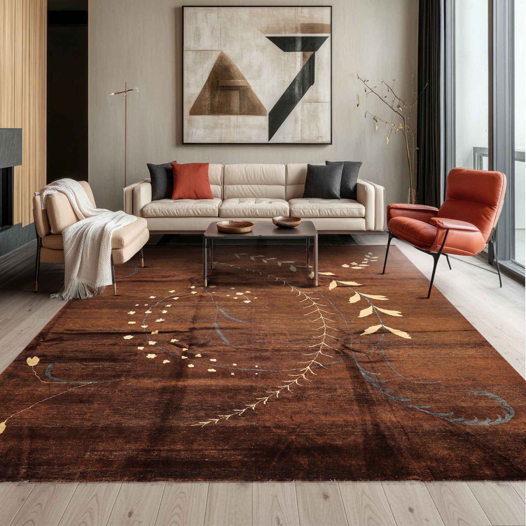 8x10 Chocolate, Gold, Teal Color Hand Knotted Tibetan Wool Transitional Oriental Rug