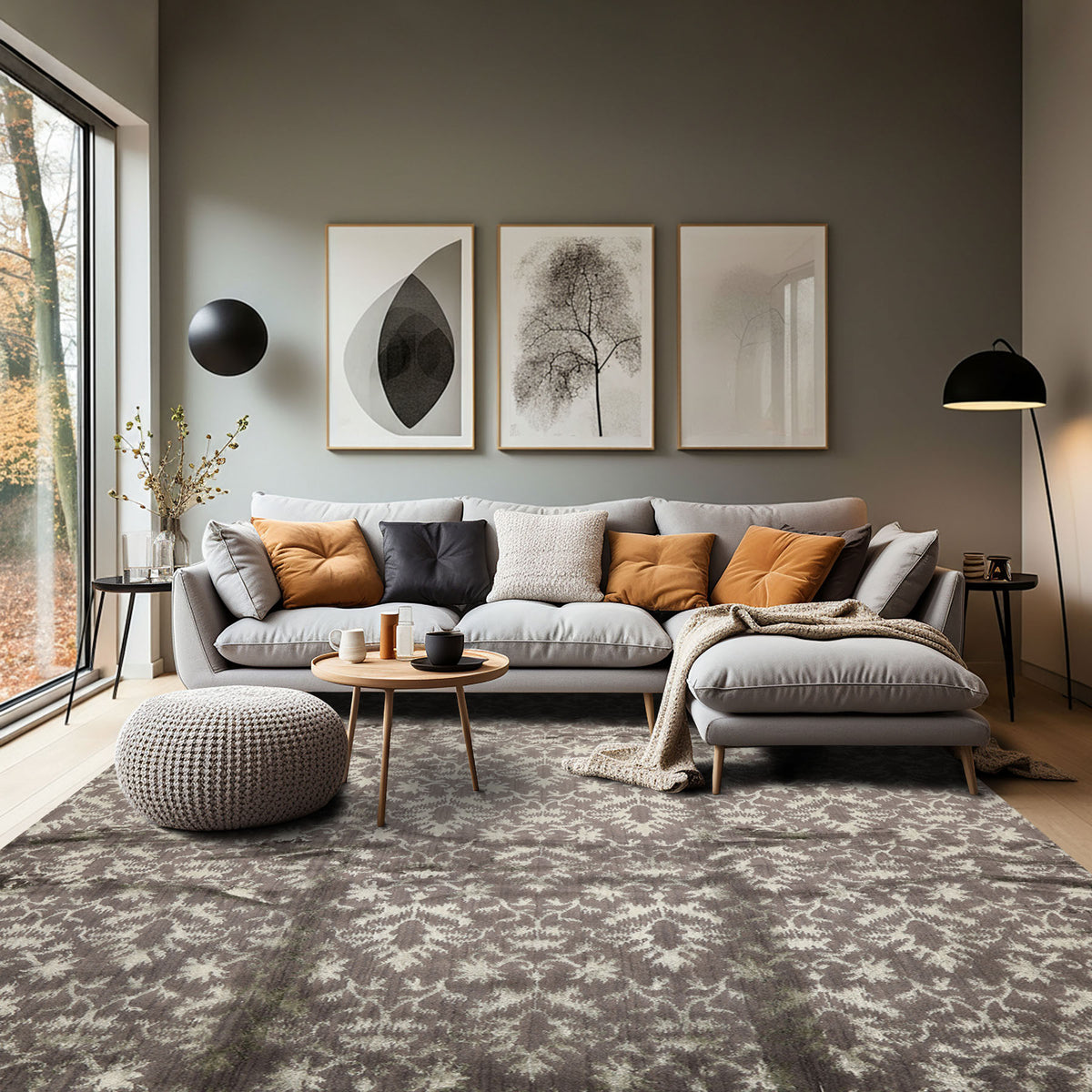 8x10 Gray, Moss, Color Hand Loomed Tibetan Wool & Bamboo Silk Transitional Oriental Rug