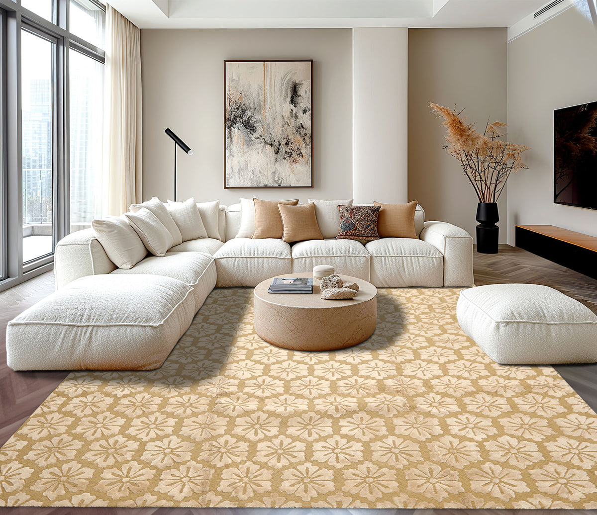 8x10 Tone on Tone Beige, , Color Hand Loomed Tibetan Wool & Bamboo Silk Transitional Oriental Rug