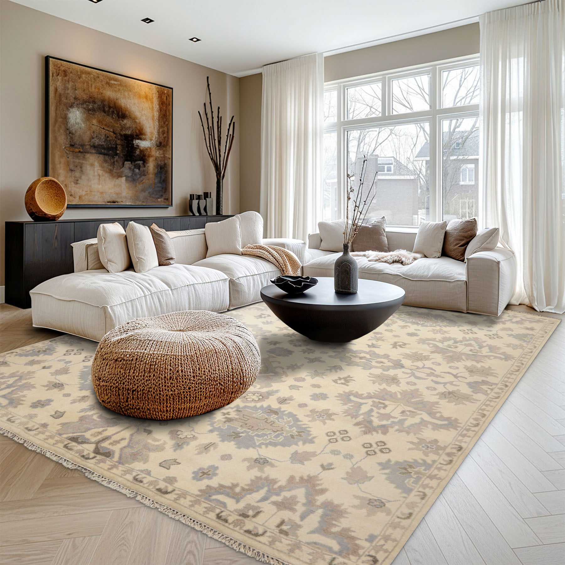 8x10 Ivory, Gray, Taupe Color Hand Knotted Oushak Wool Transitional Oriental Rug