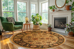 8' Round Gold, Black, Aqua Color Hand Knotted Agra Wool Traditional Oriental Rug