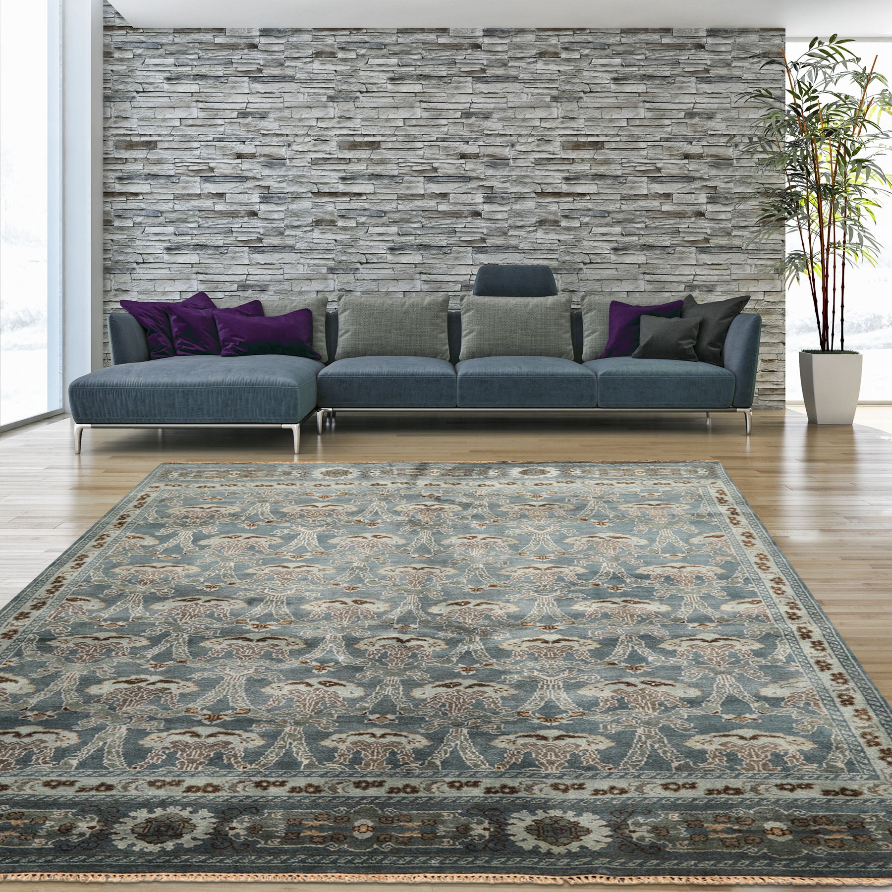 8x10 Aqua, Taupe, Brown Color Hand Knotted Tibetan Wool Traditional Oriental Rug