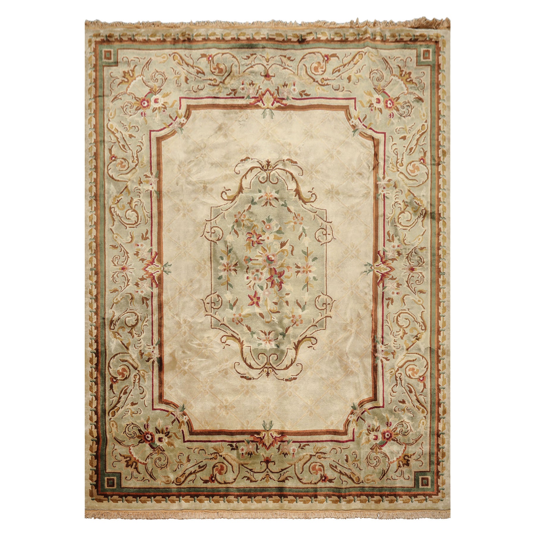 9x12 Ivory, Tan, Mint Color Hand Knotted French Aubusson Savonnerie Wool Traditional Oriental Rug