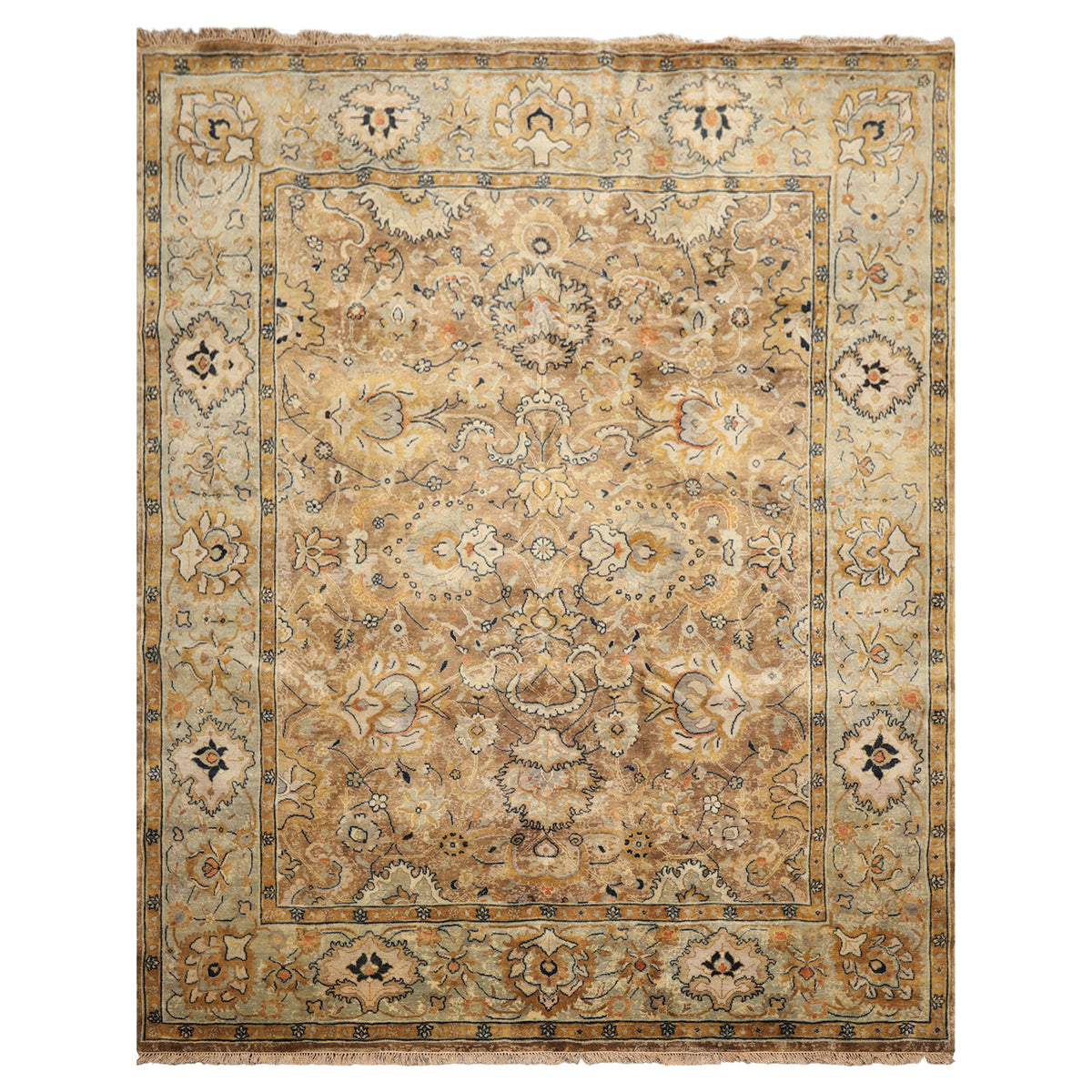 8x10 Mocha, Mint, Navy Color Hand Knotted Agra Wool Transitional Oriental Rug