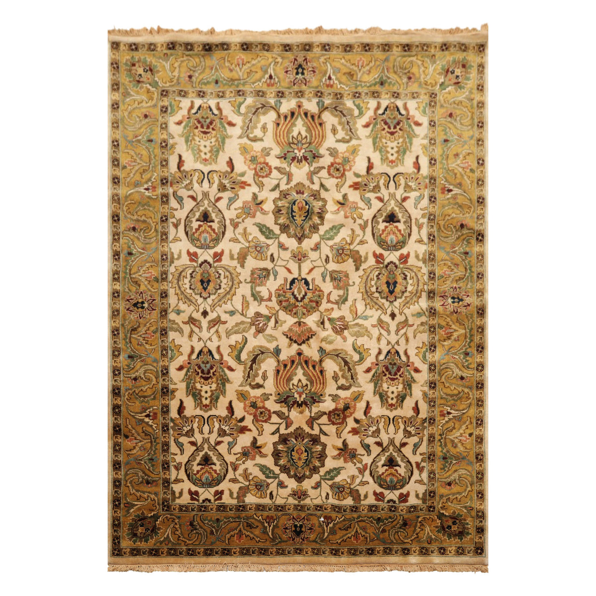 6x9 Ivory, Gold, Sage Color Hand Knotted Agra New Zealand Wool Traditional Oriental Rug