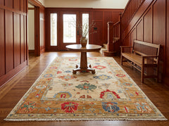 6x9 Beige, Peach, Blue Color Hand Knotted Oushak Wool Traditional Oriental Rug