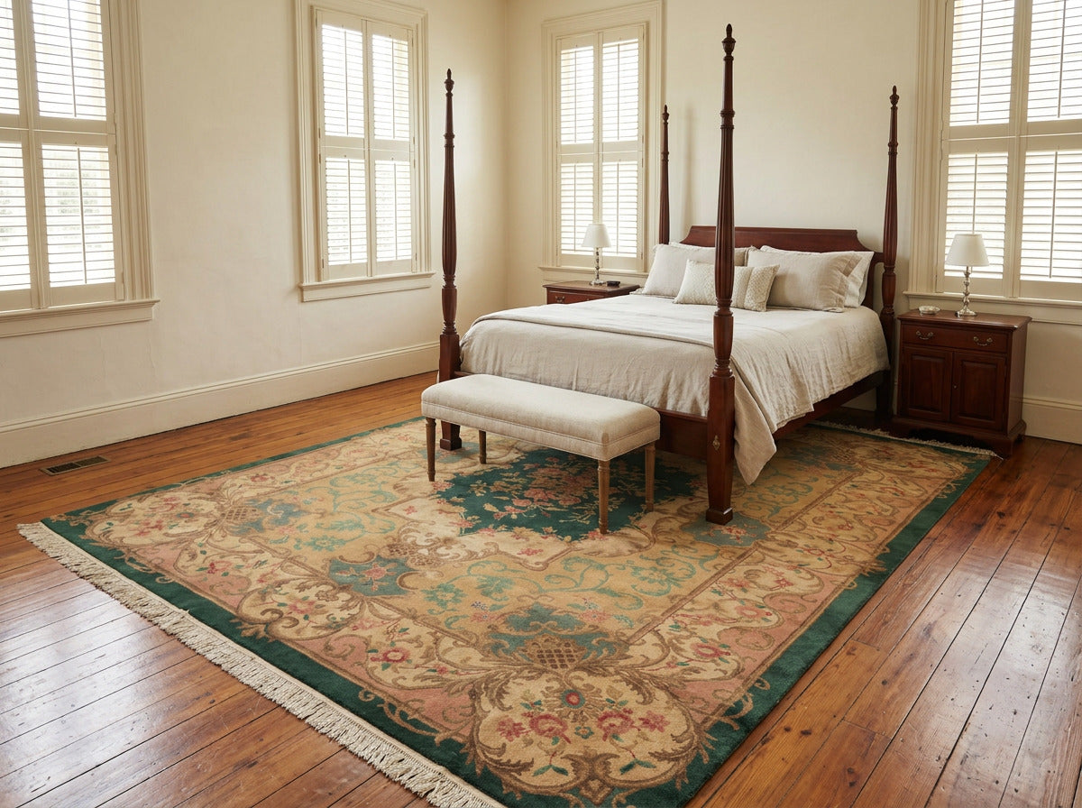 9x12 Emerald, Tan, Rose Color Hand Knotted French Aubusson Savonnerie Wool Traditional Oriental Rug