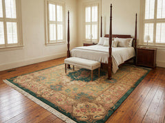 9x12 Emerald, Tan, Rose Color Hand Knotted French Aubusson Savonnerie Wool Traditional Oriental Rug