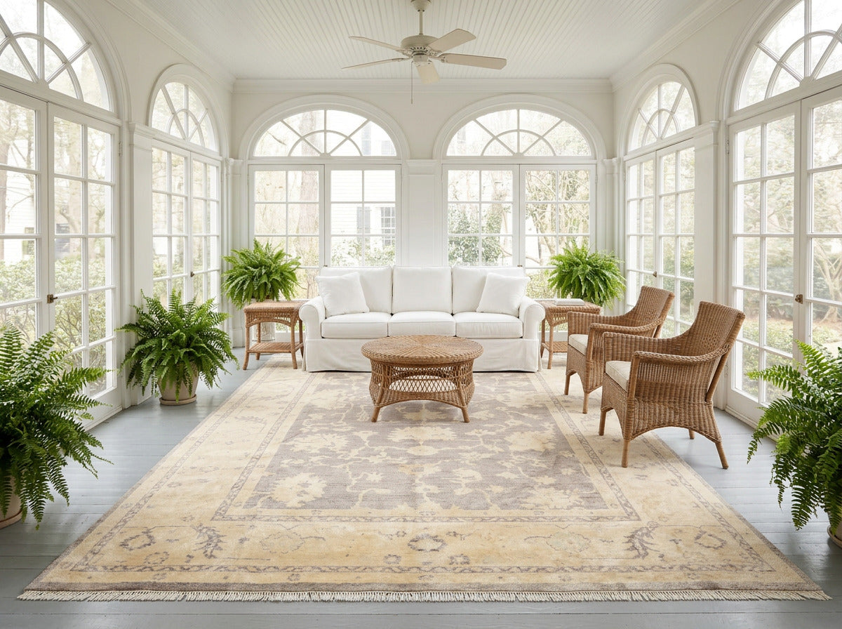 9x12 Taupe, Ivory, Gray Color Hand Knotted Oushak New Zealand Wool Transitional Oriental Rug