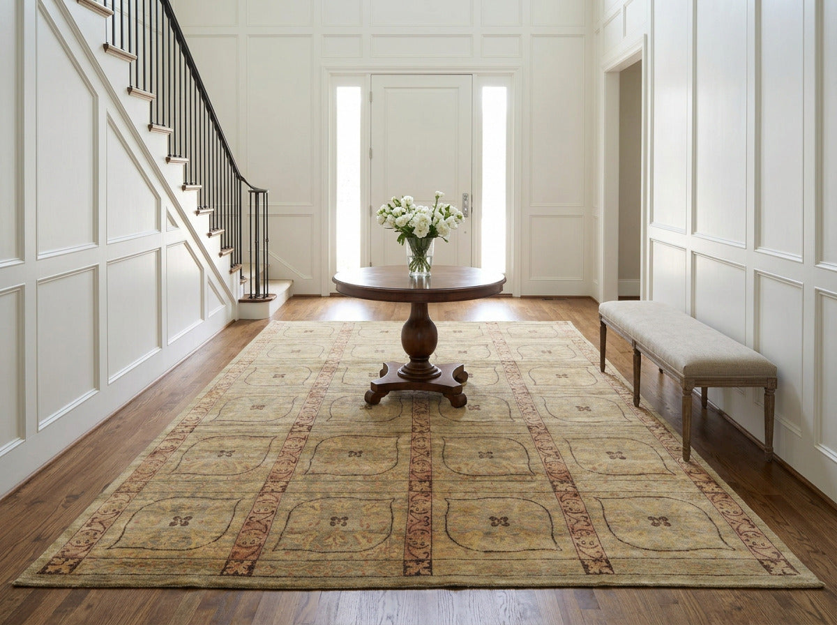 8x10 Moss, Gold, Blush Color Hand Knotted Tibetan Wool Transitional Oriental Rug