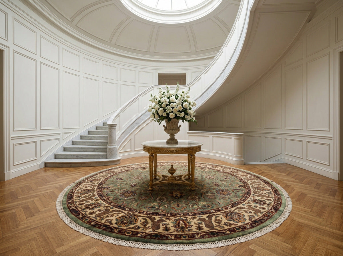 8 Round Sage, Beige, Maroon Color Hand Knotted Agra New Zealand Wool & Silk Traditional Oriental Rug