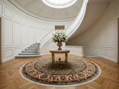 8 Round Sage, Beige, Maroon Color Hand Knotted Agra New Zealand Wool & Silk Traditional Oriental Rug