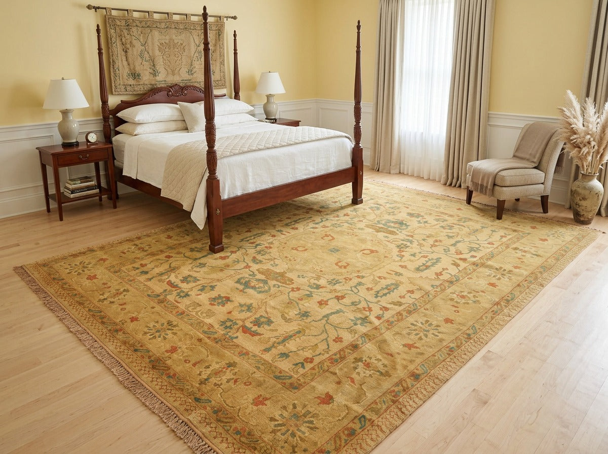 9x12 Gold, Aqua, Burnt Orange Color Hand Knotted Oushak Wool Traditional Oriental Rug