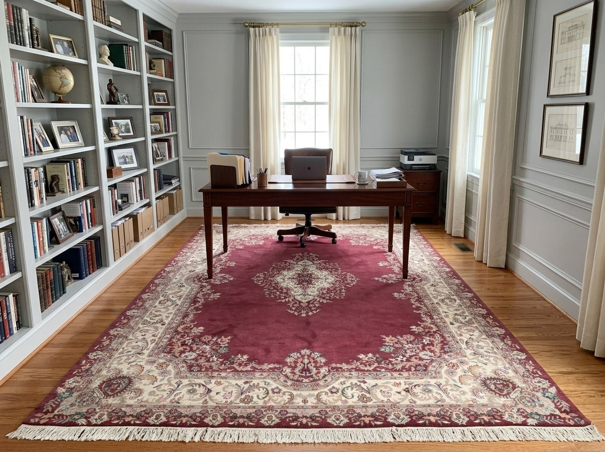 9x12 Plum, Ivory, Rose Color Hand Knotted Indo Kerman Wool Traditional Oriental Rug
