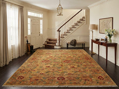 9x12 Gold, Sage, Red Color Hand Knotted Agra Wool Traditional Oriental Rug
