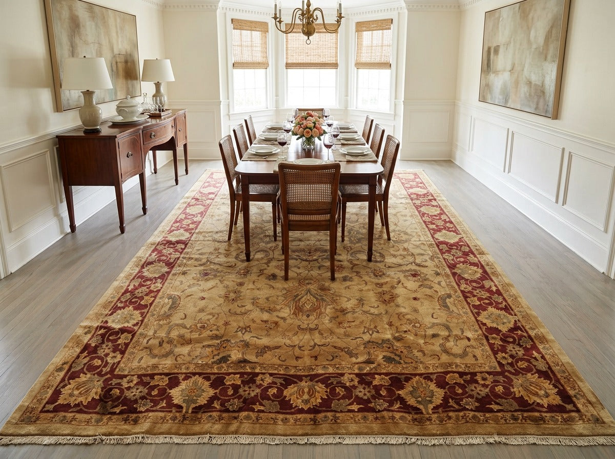 10x14 Light Gold, Maroon, Sage Color Hand Knotted Agra Wool Traditional Oriental Rug