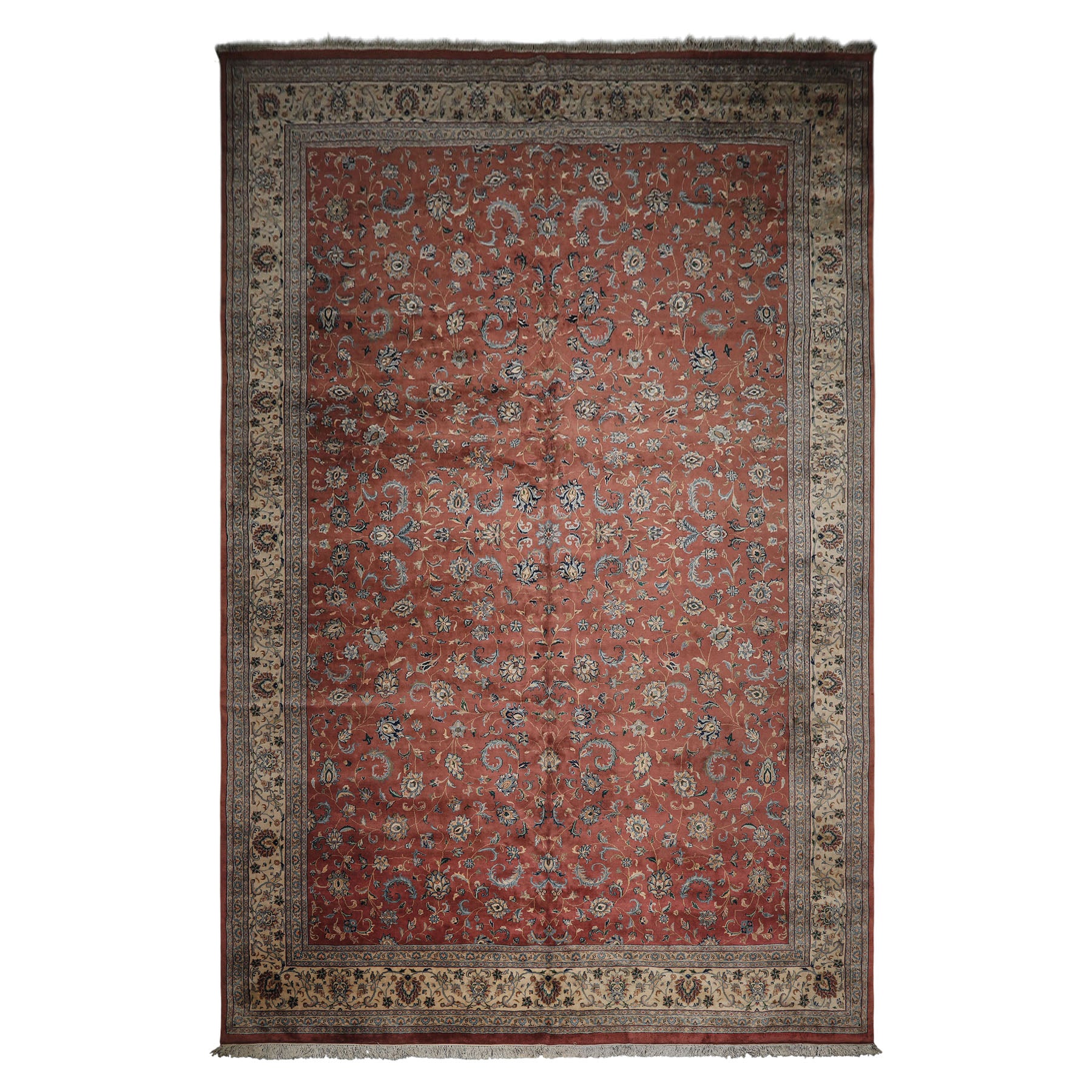 12x18 Rose, Ivory, Blue Color Hand Knotted Kashan wool Traditional Oriental Rug