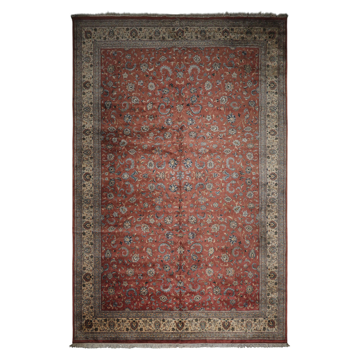 12x18 Rose, Ivory, Blue Color Hand Knotted Kashan wool Traditional Oriental Rug
