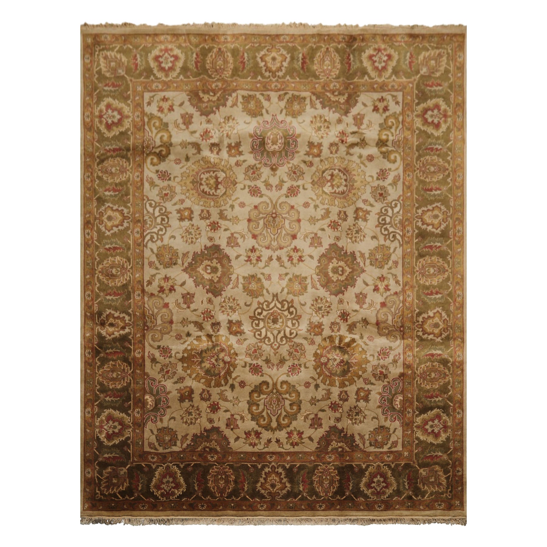 8x10 Beige, Green, Rose Color Hand Knotted Agra Wool Traditional Oriental Rug