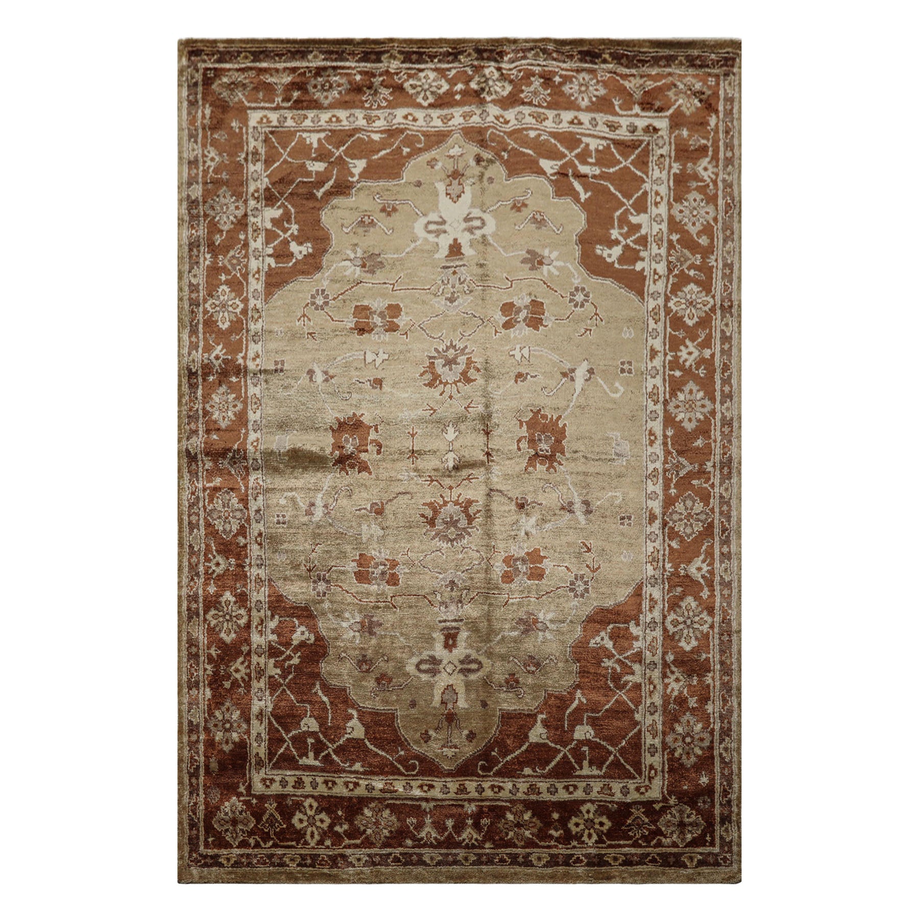 6x9 Tan, Burnt Orange, Beige Color Hand Knotted Oushak Bamboo Silk Traditional Oriental Rug