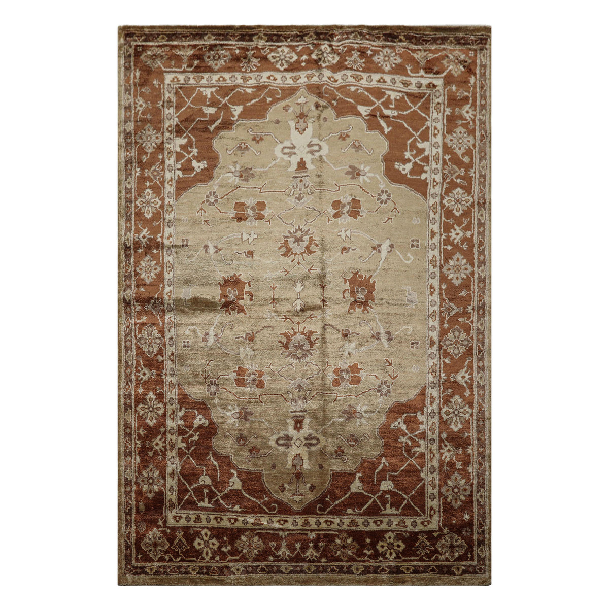 6x9 Tan, Burnt Orange, Beige Color Hand Knotted Oushak Bamboo Silk Traditional Oriental Rug
