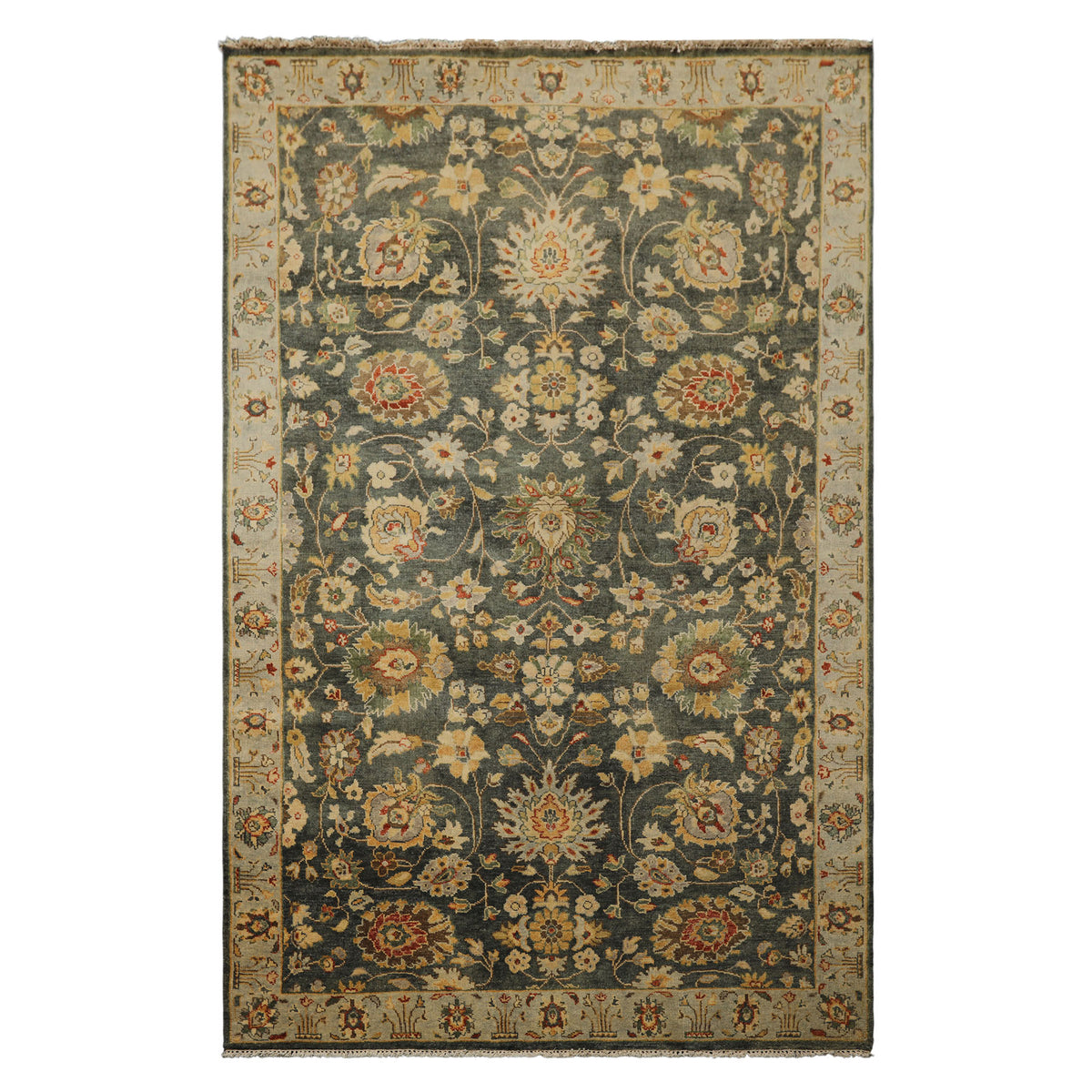 6x9 Green, Beige, Gold Color Hand Knotted Fine Oushak Wool Traditional Oriental Rug
