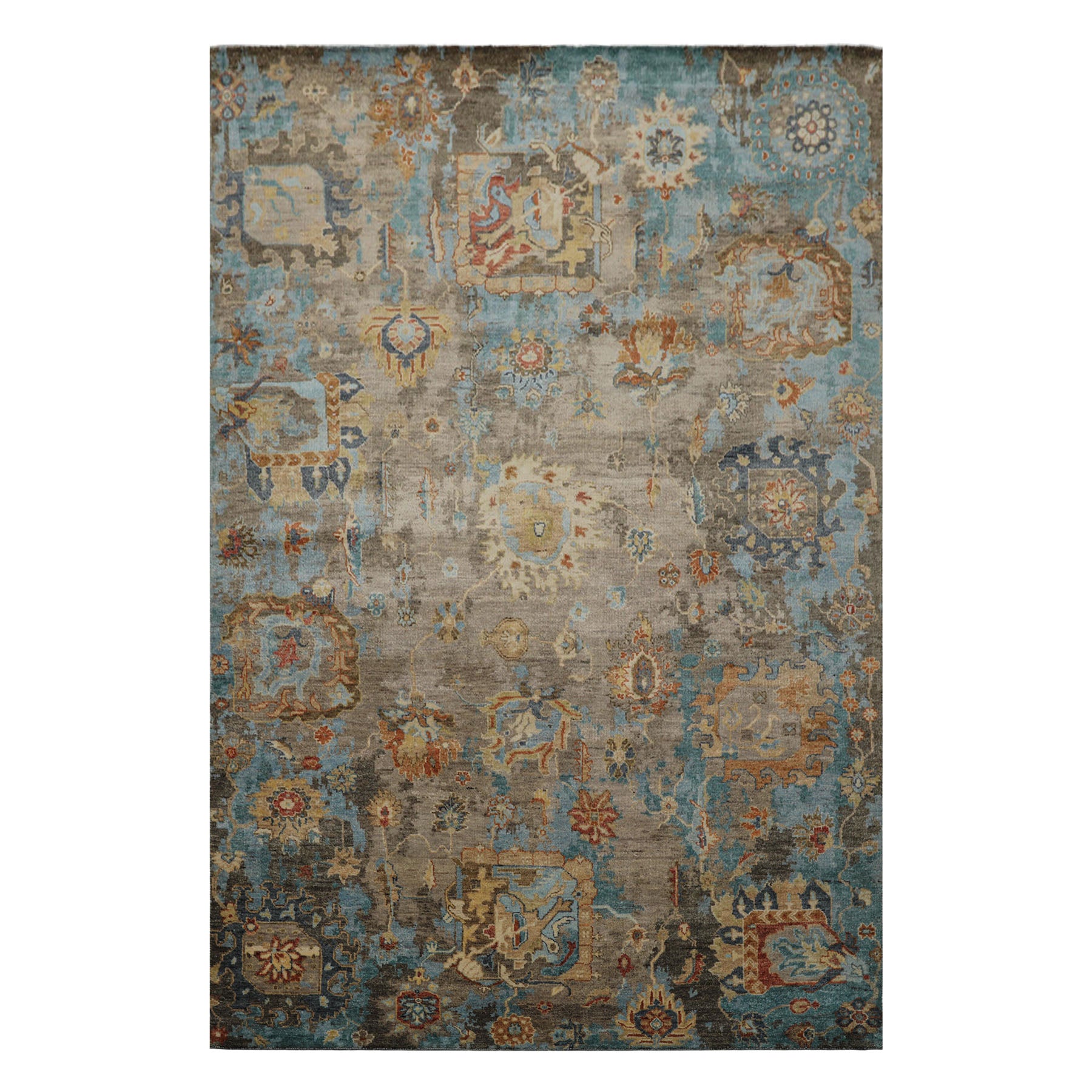 6x9 Brown, Turquoise, Beige Color Hand Knotted Oushak Wool Transitional Oriental Rug