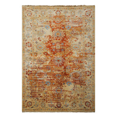 6x9 Burnt Orange, Light Gold, Aqua Color Hand Knotted Oushak Wool Traditional Oriental Rug