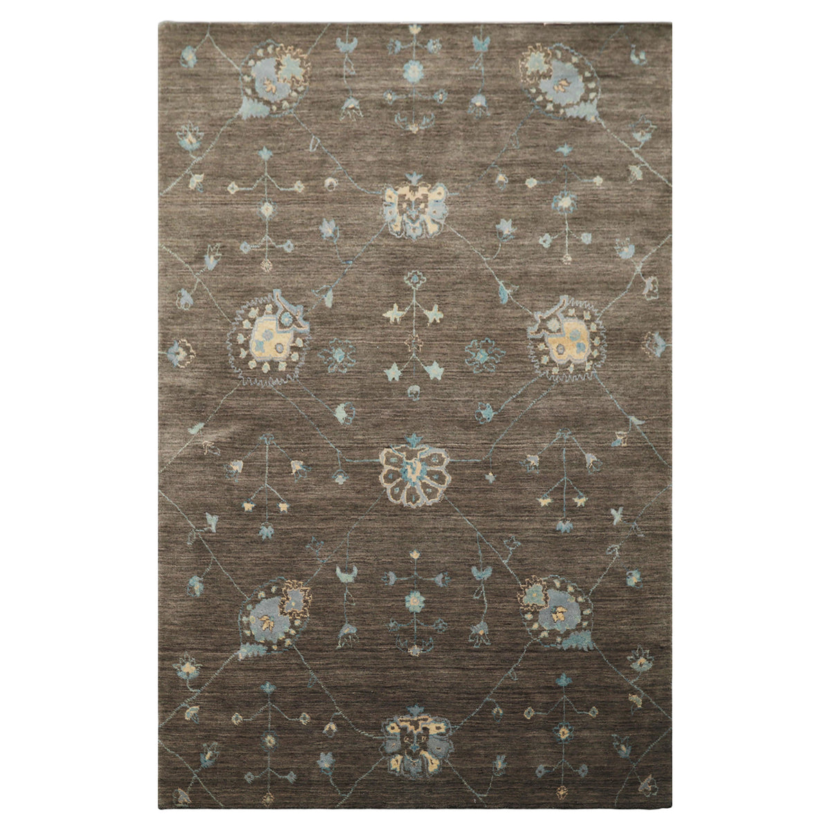 5x8 Gray, Ivory, Turquoise Color Hand Loomed Tibetan Wool Modern Oriental Rug