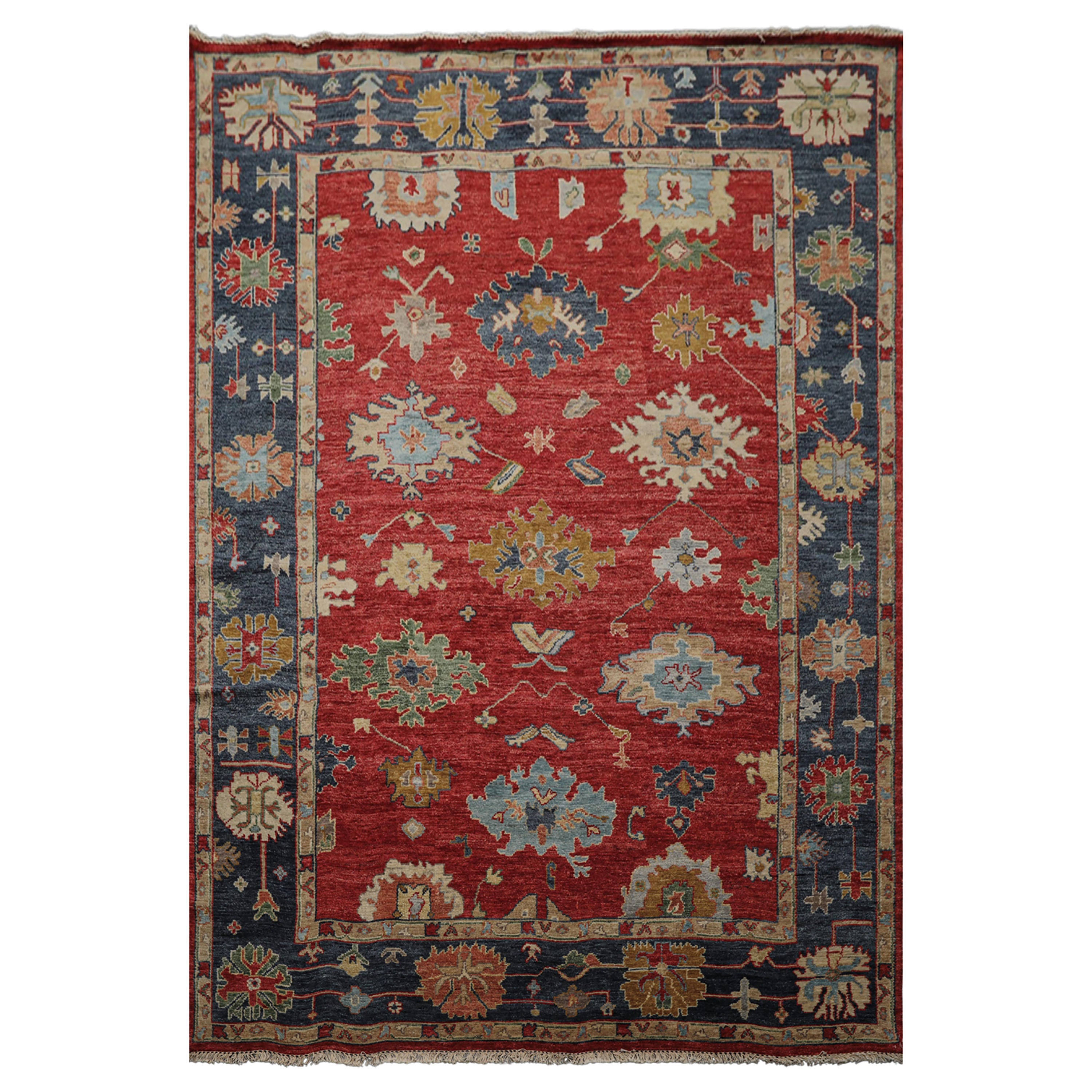 6x9 Red, Navy, Gold Color Hand Knotted Oushak Wool Traditional Oriental Rug