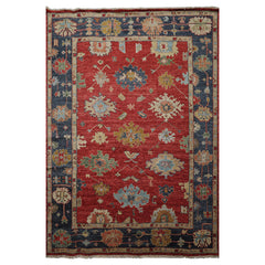 6x9 Red, Navy, Gold Color Hand Knotted Oushak Wool Traditional Oriental Rug
