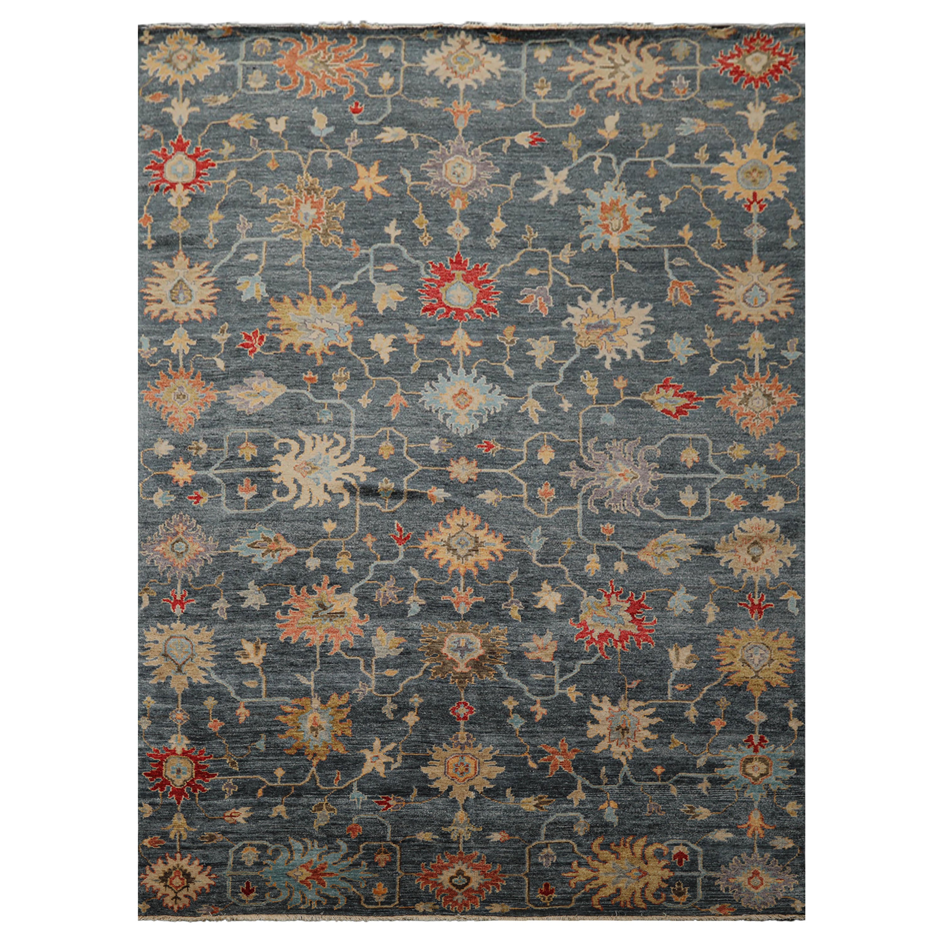 7x9 Navy, Gold, Coral Color Hand Knotted Oushak Wool Transitional Oriental Rug