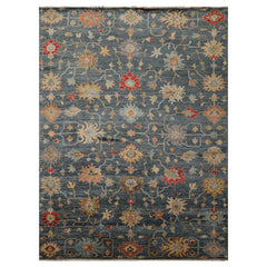 7x9 Navy, Gold, Coral Color Hand Knotted Oushak Wool Transitional Oriental Rug