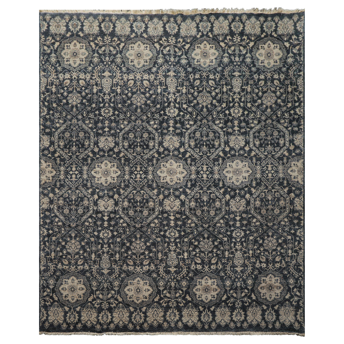 6x9 Navy, Gray, Aqua Color Hand Knotted Agra Wool Transitional Oriental Rug