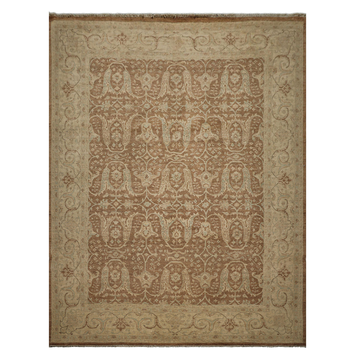 9x12 Brown, Beige, Aqua Color Hand Knotted Peshawar Wool Transitional Oriental Rug