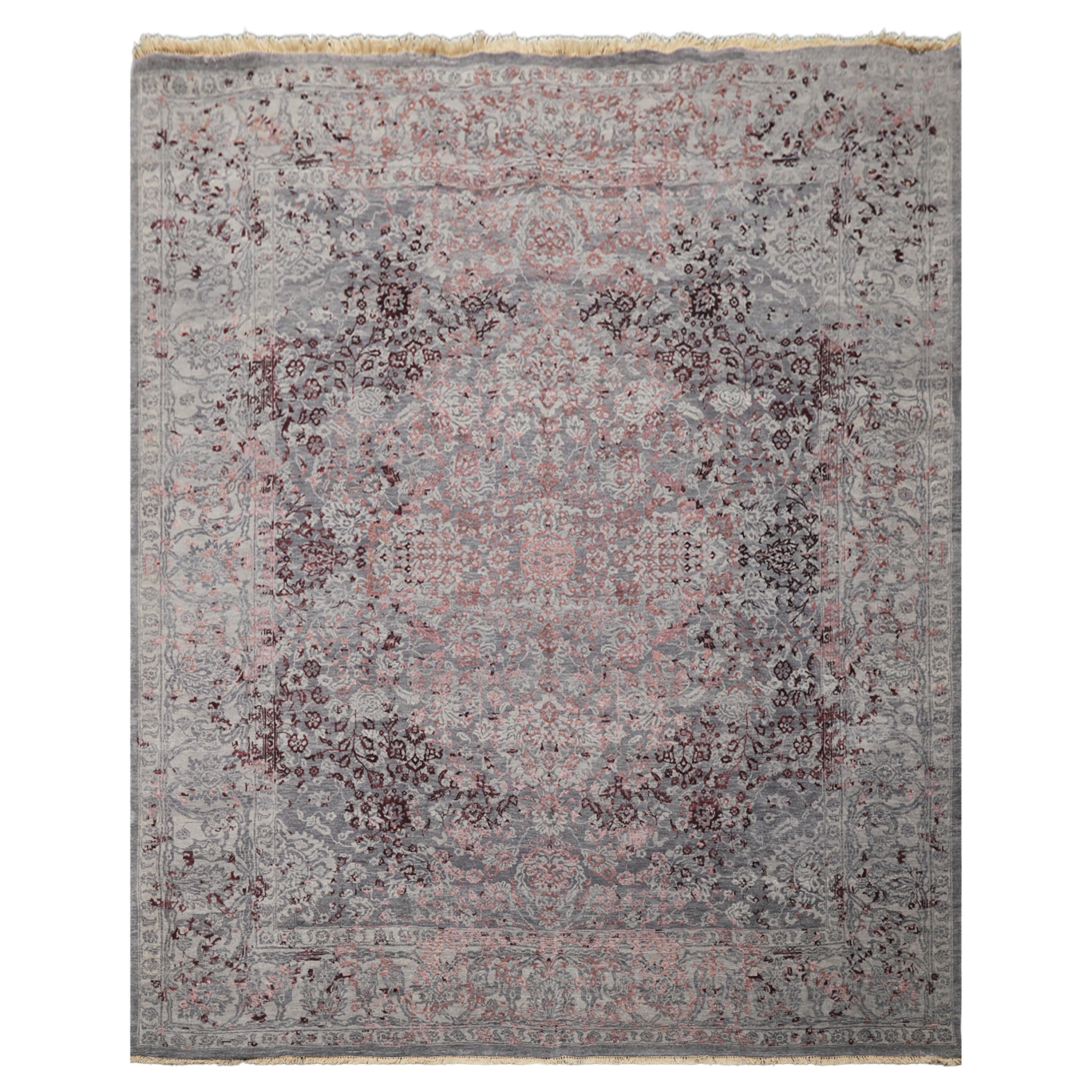 8x10 Gray, Blue, Plum Color Hand Knotted Sherpa Wool & Bamboo Silk Transitional Oriental Rug