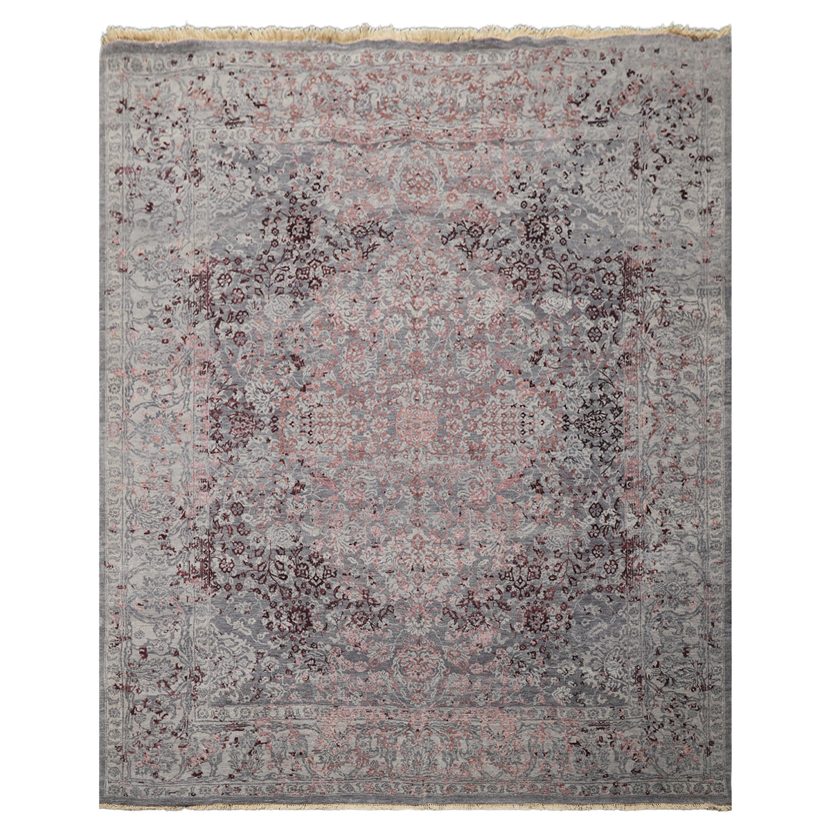 8x10 Gray, Blue, Plum Color Hand Knotted Sherpa Wool & Bamboo Silk Transitional Oriental Rug