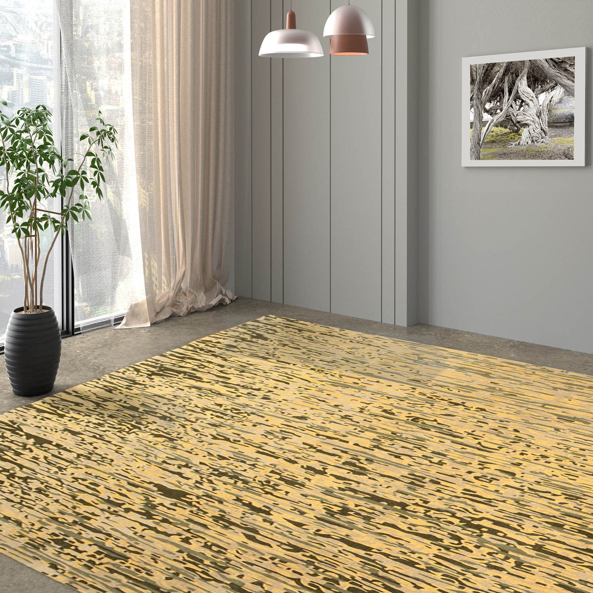 8x10 Gold, Beige, Green Color Hand Knotted All-Over 100% Wool Modern Oriental Rug