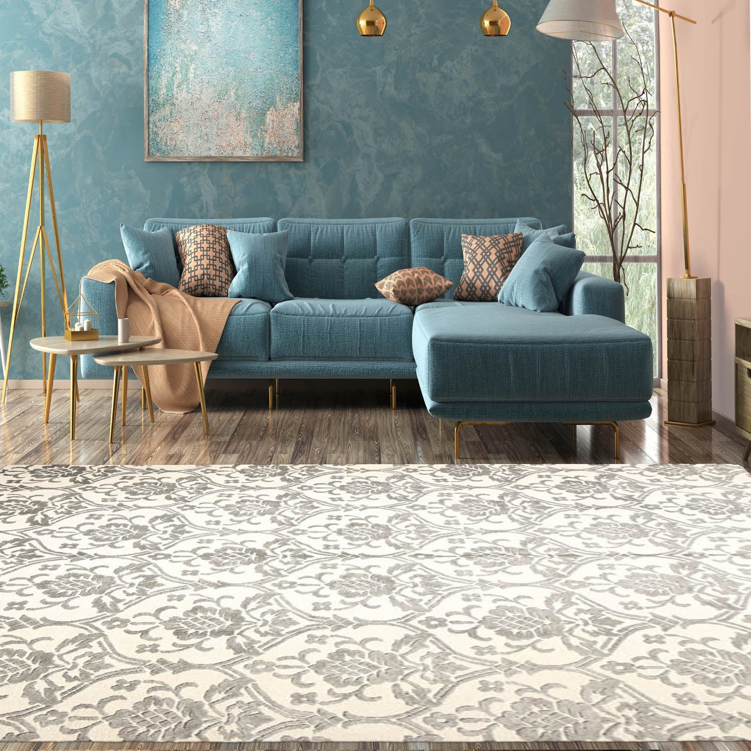 8x10 Ivory, Ivory, Color Hand Knotted Floral Wool & Silk Modern Oriental Rug